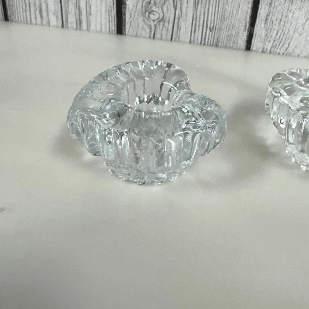 Pair of Heart Shaped Clear Glass Fluted Candle Stick Holders Vintage